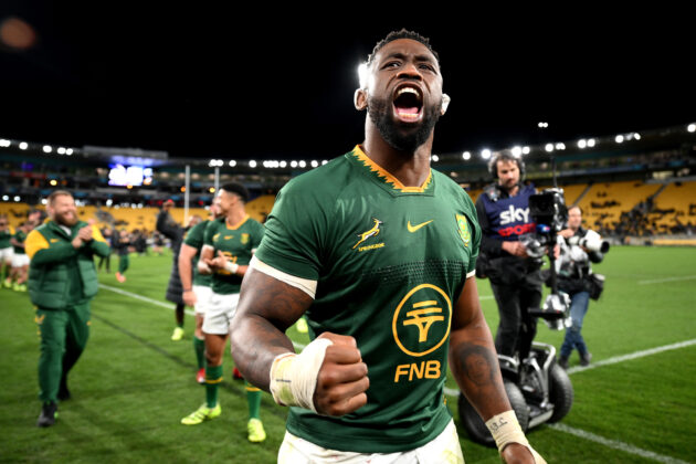 South Africa captain Siya Kolisi celebrates after winning his team’s second 2025 Rugby Championship match