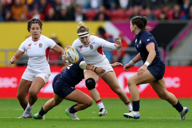 England’s Megan Jones is tackled by Scotland’s Lisa Thomson during the Women’s World Cup 2025 quarter-final.