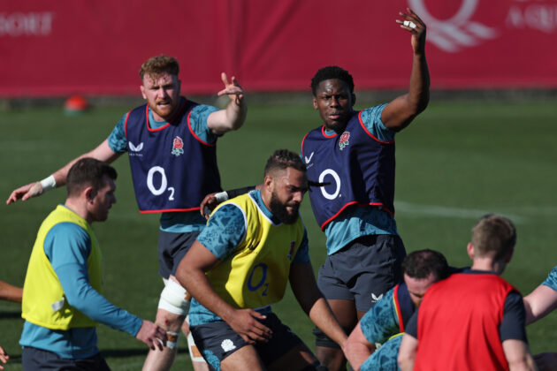 Maro Itoje and other members of the England team at a January training session in Girona ahead of the 2026 Six Nations.