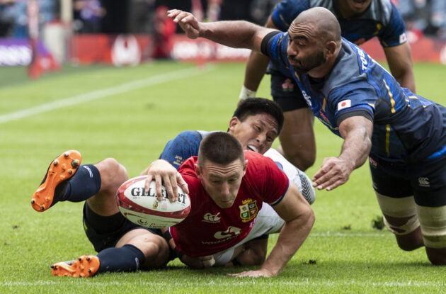 The Lions’ Josh Adams touches down during the June 2021 match against Japan at Murrayfield