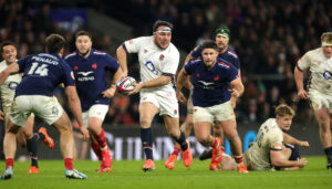 England's Jamie George prepares to make a pass during his team’s 2025 Six Nations match against France