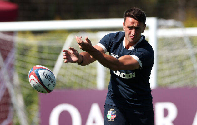 Alex Mitchell throws a pass during a British & Irish Lions training session