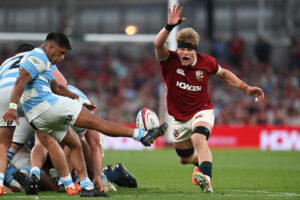 Henry Pollock of the British & Irish Lions charges down an Argentina kick during the June 2025 match in Dublin