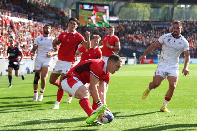 Wales' George North touches down for a try against Georgia in the 2023 Rugby World Cup.