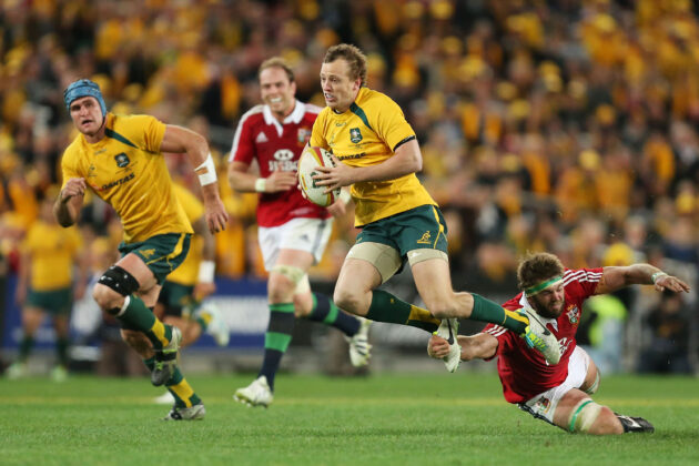 Jesse Mogg of the Wallabies is ankle tapped by Geoff Parling during third Test match between Australia and British & Irish Lions. (Photo by Matt King/Getty Images)