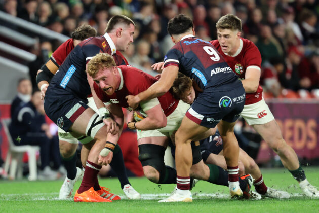 Ollie Chessum playing for the British and Irish Lions against the Queensland Reds. (Photo by DAVID GRAY / AFP)