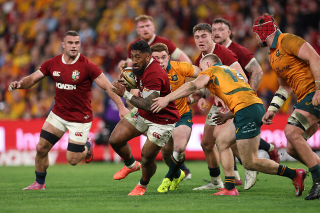 Bundee Aki of the British & Irish Lions runs with the ball during the first 2025 Test against Australia.