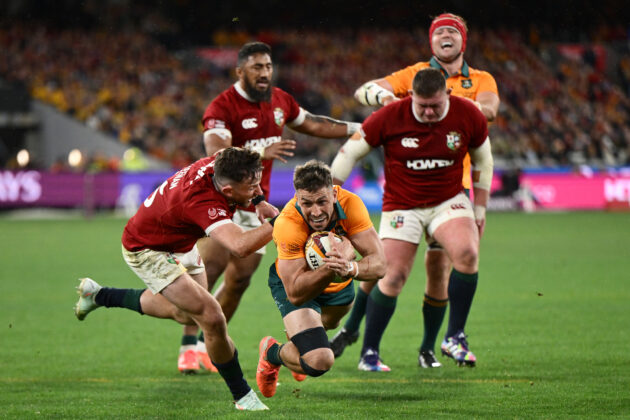 The Wallabies' Jake Gordon scores a try in the second Test against the British & Irish Lions in 2025.