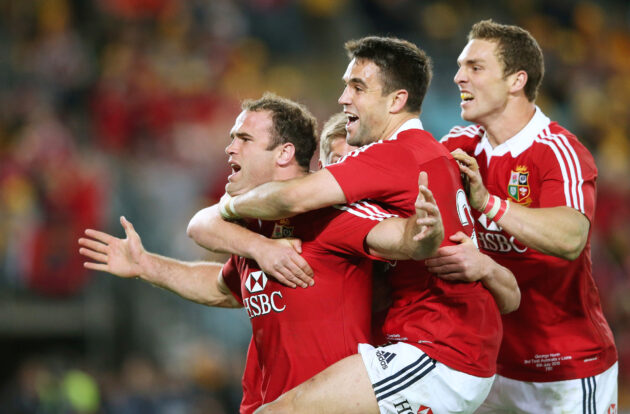 Jamie Roberts celebrates with British & Irish Lions teammates Conor Murray and George North after scoring in the final 2013 Test against Australia.