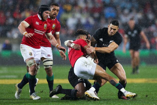 Anthony Watson of the Lions collides with Sonny Bill Williams of New Zealand. (Photo by Hagen Hopkins/Getty Images)