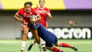 Fancy Bermudez of Canada is tackled by Chloe Jacquet of France during the WXV1 Pool match between Canada and France at BC Place on September 29, 2024 in Vancouver, British Columbia.