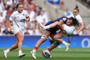 England’s Natasha Hunt is tackled by France's Teani Feleu in the 2025 Six Nations encounter.