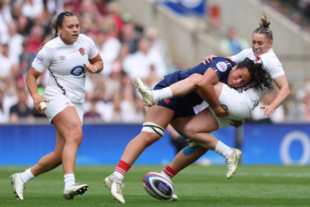 England’s Natasha Hunt is tackled by France's Teani Feleu in the 2025 Six Nations encounter.