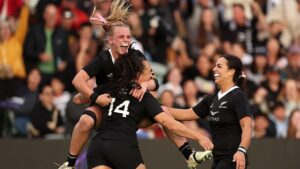 Portia Woodman-Wickliffe of New Zealand scores a try and celebrates with Jorja Miller of New Zealand (L) during the Pacific Four Series match between the New Zealand Black Ferns and USA at North Harbour Stadium on May 24, 2025 in Auckland, New Zealand.