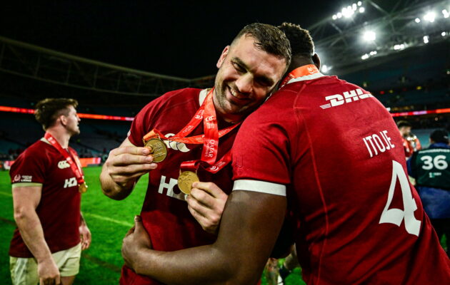 Tadhg Beirne of British & Irish Lions is congratulated by captain Maro Itoje after winning Player of the Series . (Photo By Brendan Moran/Sportsfile via Getty Images)