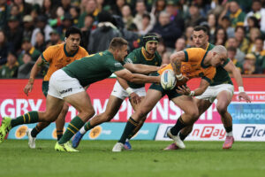 South Africa’s Andre Esterhuizen tackles Australia’s Dylan Pietsch during their sides’ first Rugby Championship 2025 match.