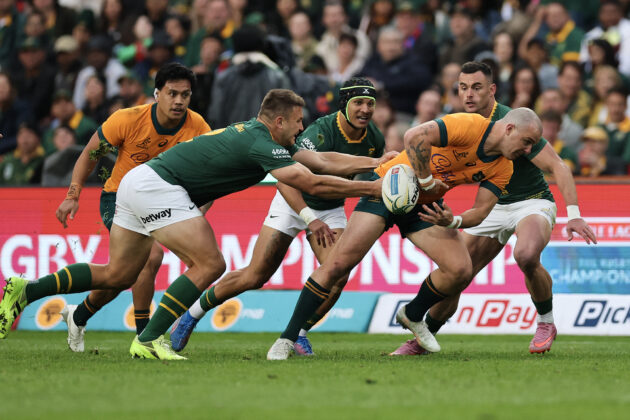 South Africa’s Andre Esterhuizen tackles Australia’s Dylan Pietsch during their sides’ first Rugby Championship 2025 match.