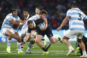 New Zealand’s Cortez Ratima runs into traffic during his side's first 2025 Rugby Championship match against Argentina.