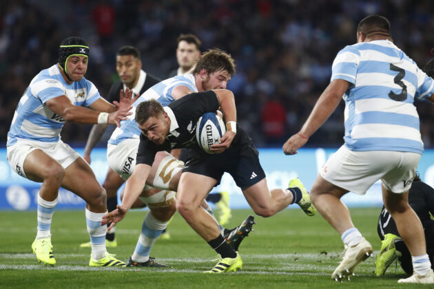 New Zealand’s Cortez Ratima runs into traffic during his side's first 2025 Rugby Championship match against Argentina.