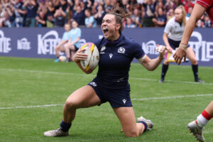 Francesca McGhie celebrates scoring Scotland’s second try against Wales in the Women’s Rugby World Cup 2025.