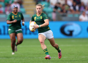 South Africa's Nadine Roos runs with the ball during her team's 2025 Women’s Rugby World Cup match against Brazil