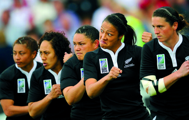 New Zealand's Carla Hohepa gestures while doing the haka before the game against England during the Women's Rugby World Cup 2010 Final (Photo by Adrian DENNIS / AFP) 