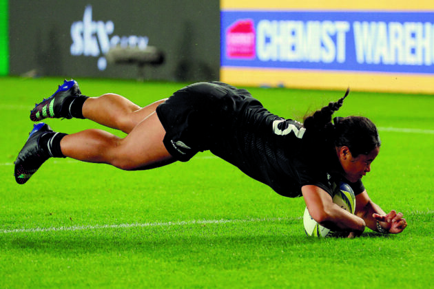 Ayesha Leti-I'iga of New Zealand scores a try during the Rugby World Cup 2021 Final. (Photo by Hagen Hopkins - World Rugby/World Rugby via Getty Images)