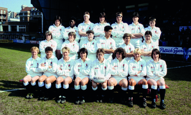 The England team pictured before the final of the inaugural Women's Rugby World Cup Final between the USA and England. (Photo by Stu Forster/Hulton Archive)