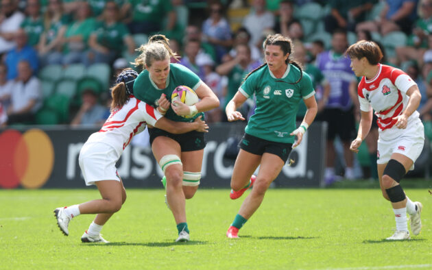 Ireland’s Fiona Tuite runs with the ball during her team's Women’s Rugby World Cup 2025 match against Japan