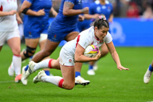 Jess Breach touches down England’s ninth try during the team’s 2025 Women’s Rugby World Cup win over Samoa