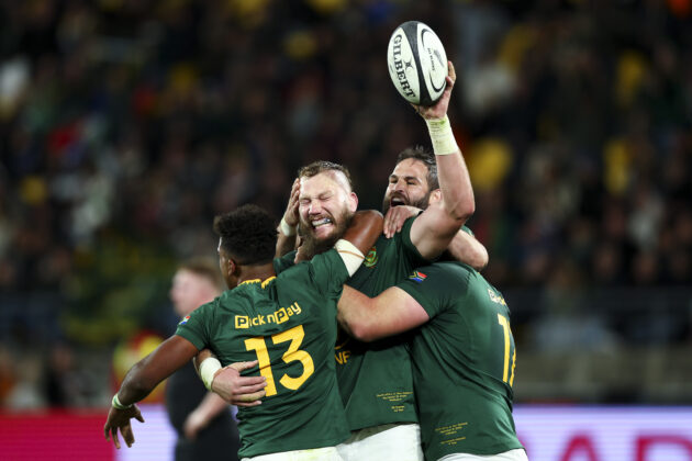 RG Snyman celebrates after scoring a try during The Rugby Championship match between New Zealand All Blacks and South Africa. (Photo by Hagen Hopkins/Getty Images)
