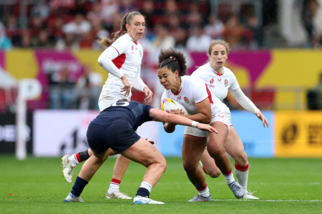 England’s Tatyana Heard is tackled by Scotland’s Helen Nelson during the 2025 Women’s RugbyW World Cup quarter-final