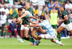 South Africa’s Canan Moodie shakes off tacklers during his team’s 63-30 win over Argentina during the 2025 Rugby Championship.