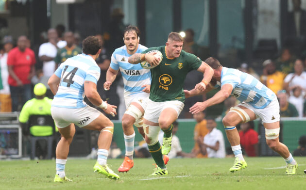 South Africa’s Malcolm Marx runs away from Argentina players during the 2025 Rugby Championship match in Durban.