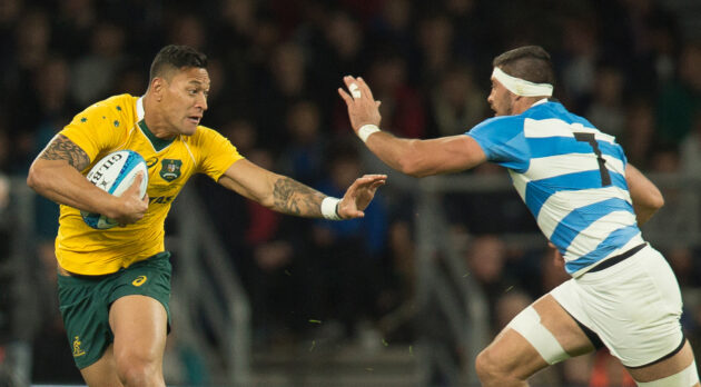 Australia’s Israel Folau fends off a tackle during the 2016 Rugby Championship match against Argentina at Twickenham