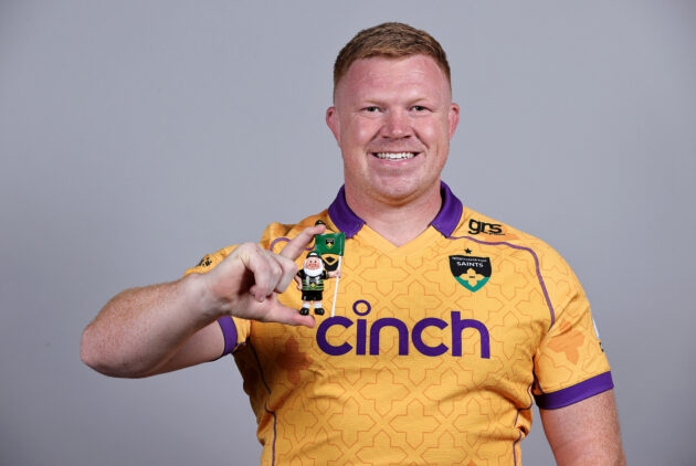 Trevor Davison of Northampton Saints poses in the 2025-26 away jersey. (Photo by David Rogers/Getty Images)
