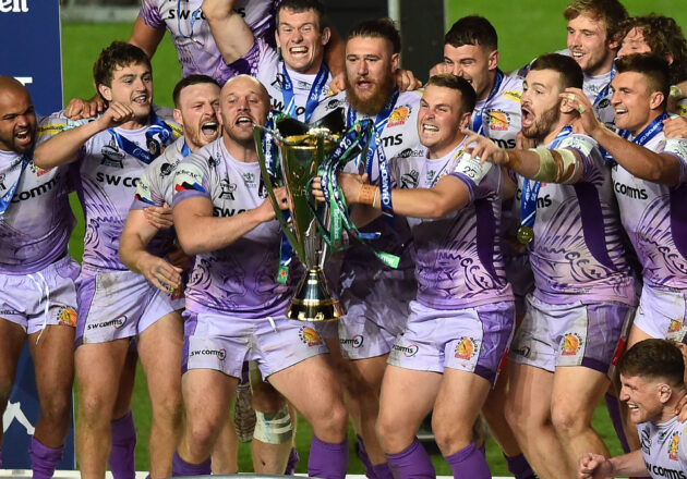 Exeter players celebrate with the trophy after lifting the European Champions Cup in 2020.