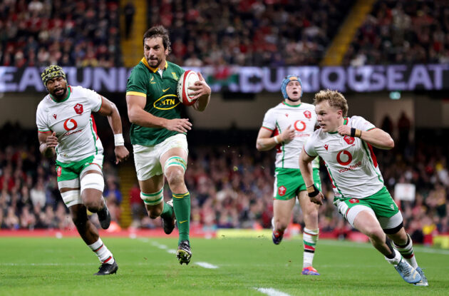 South Africa's Eben Etzebeth on his way to scoring a try against Wales in the 2024 Autumn Nations Series