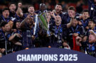 Bordeaux Bégles players celebrate lifting the European Rugby Champions Cup in May 2025