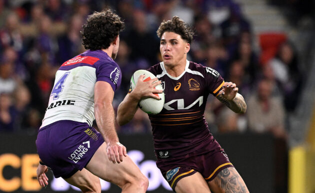 The Brisbane Broncos' Reece Walsh runs with the ball during the round 27 NRL match against Melbourne Storm in September 2025