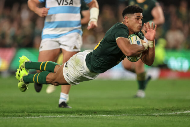 South Africa’s Sacha Feinberg-Mngomezulu dives to score a try in his team's 63-30 victory over Argentina in the 2025 Rugby Championship.
