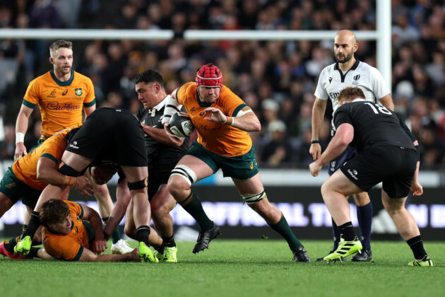Australia’s Harry Wilson runs with the ball during Eden Park Test against the All Blacks in the 2025 Rugby Championship