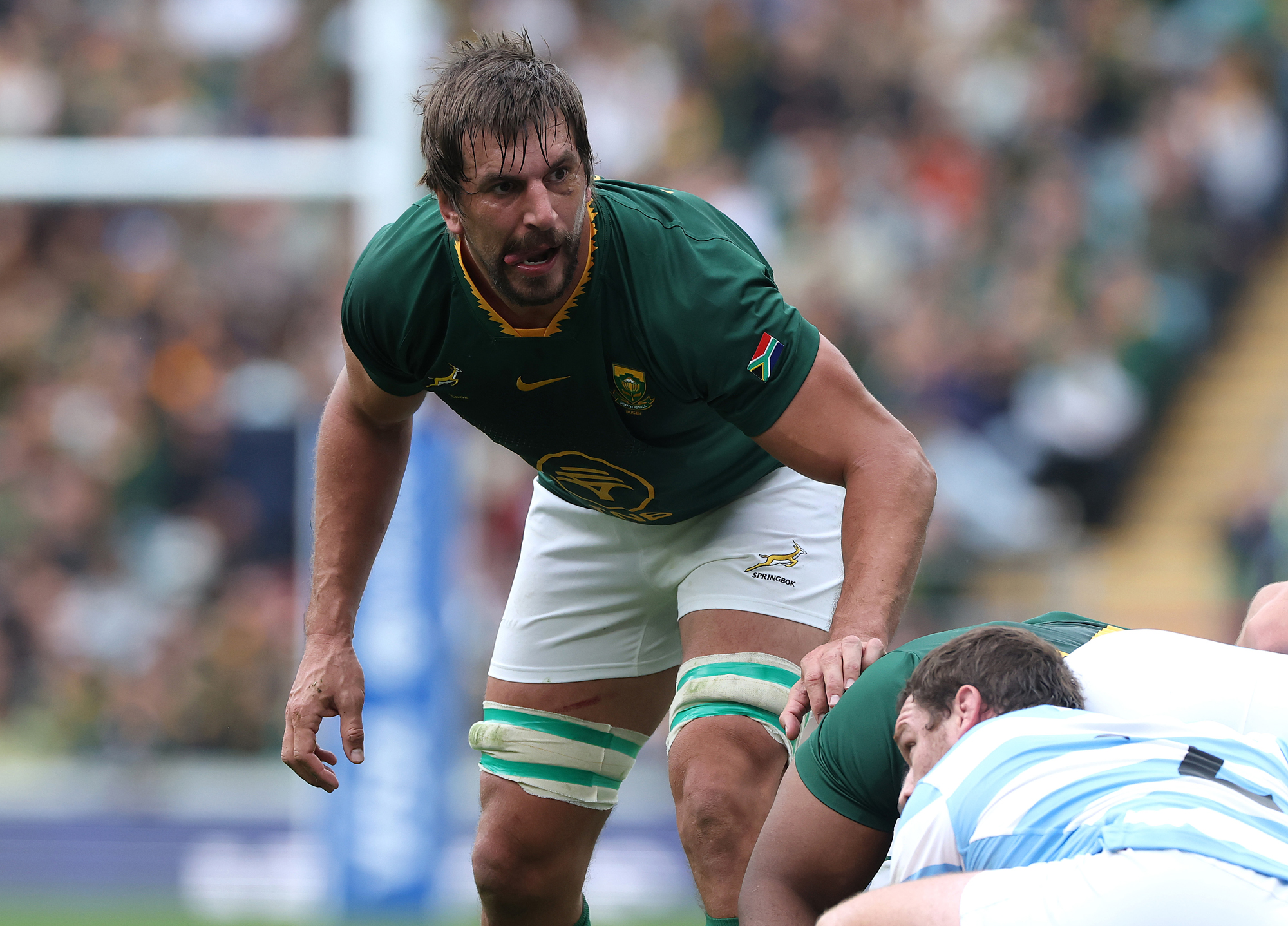 South Africa's Eben Etzebeth crouches during the 2025 Rugby Championship match against Argentina at Twickenham