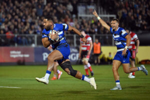 Bath's Joe Cokanasiga runs with the ball during his team's October 2025 Gallagher PREM match against Gloucester