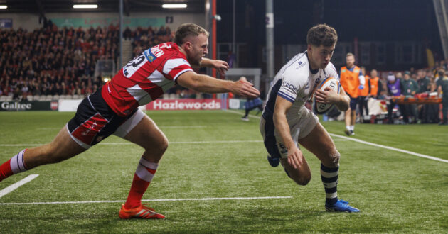 Bristol Bears' Sam Worsley going to ground during the October 2025 Gallagher PREM match against Gloucester