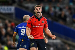 Munster's Jack Crowley celebrates winning a penalty during his side's October 2025 URC match against Leinster