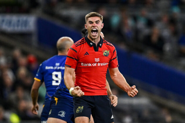 Munster's Jack Crowley celebrates winning a penalty during his side's October 2025 URC match against Leinster