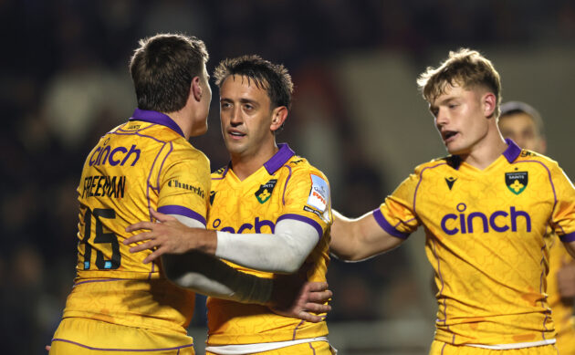 Tommy Freeman, Alex Mitchell and Fin Smith celebrate a try during Northampton Saints' October 2025 Prem match against Newcastle Red Bulls