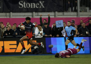 Saracens Noah Caluori on his way to scoring his third try of the October 2025 PREM Rugby match against Sale Sharks