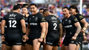 Joseph Tapine of the Kiwis peforms the haka ahead of the Men's Pacific Championships match between New Zealand Kiwis and Toa Samoa at Go Media Stadium on October 19, 2025 in Auckland, New Zealand.